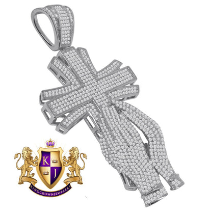 Big XL 4.25'' Custom Piece 14K White Gold Finish Simulated Diamond Praying Hand Jesus Cross Pendent Charm
