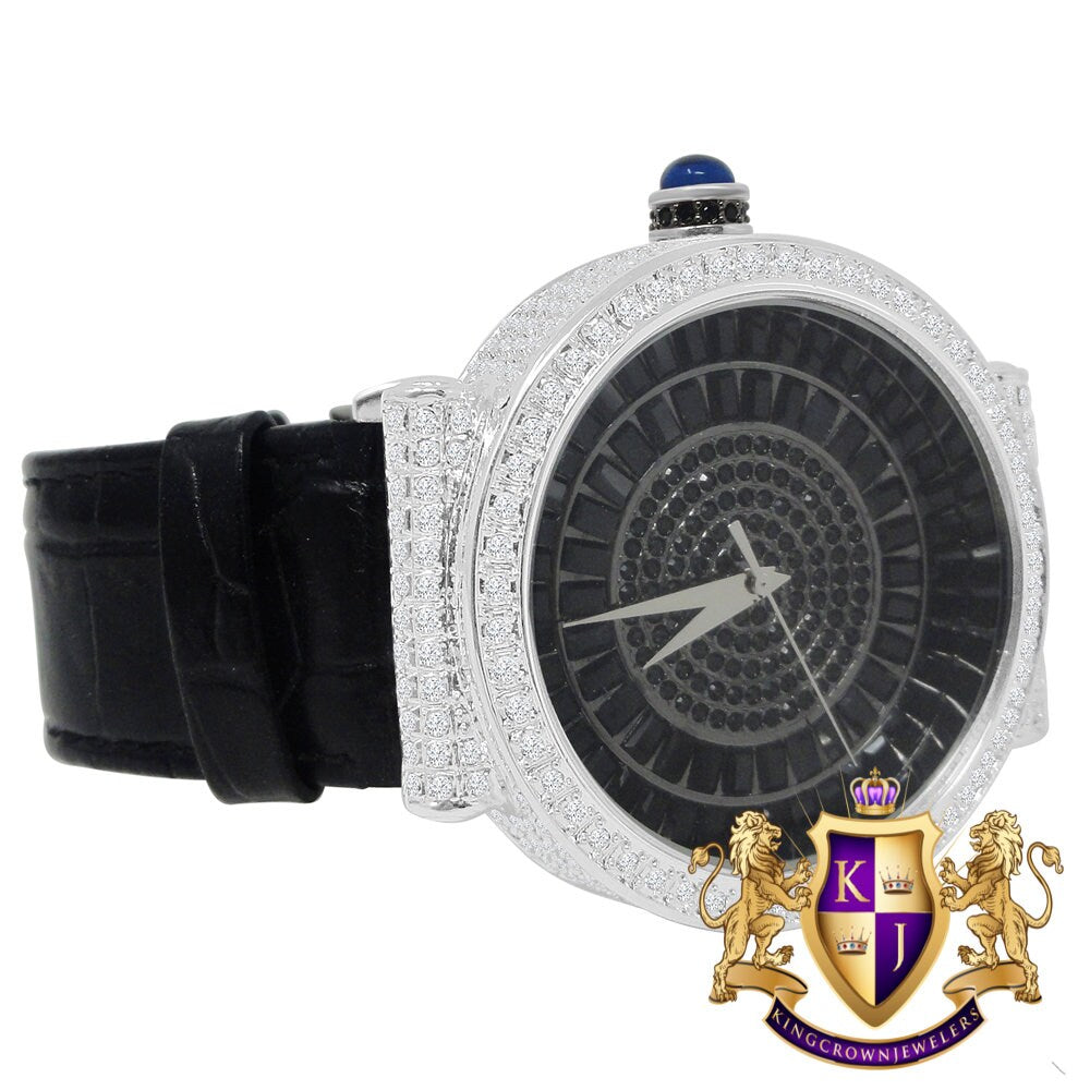 Men's 3.00 ctw A++ Baguette Full Cz's White Gold Tone Black Dial Bling Master Leather Custom Wrist Watch