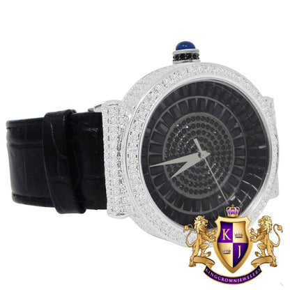 Men's 3.00 ctw A++ Baguette Full Cz's White Gold Tone Black Dial Bling Master Leather Custom Wrist Watch
