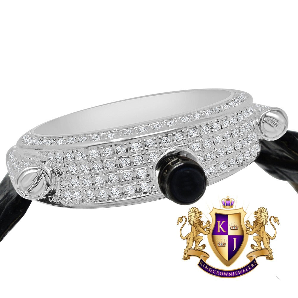 Men's 3.00 ctw A++ Baguette Full Cz's White Gold Tone Black Dial Bling Master Leather Custom Wrist Watch