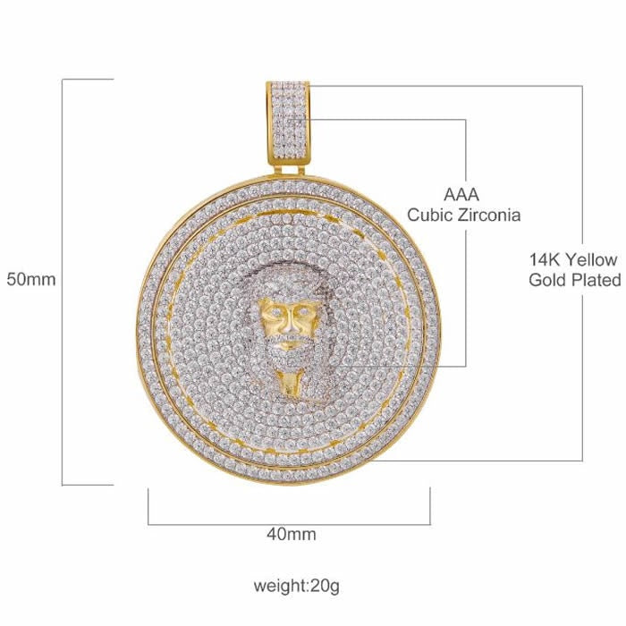 14K Yellow Gold On Real Sterling Silver Simulated Diamonds Jesus Face Piece Spinner Charm Pendent Medallion 2.10''