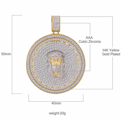 14K Yellow Gold On Real Sterling Silver Simulated Diamonds Jesus Face Piece Spinner Charm Pendent Medallion 2.10''