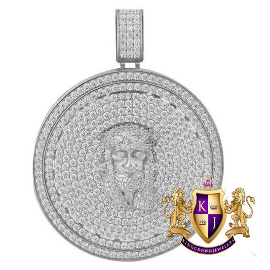 14K White Gold On Real Sterling Silver Simulated Diamonds Jesus Face Piece Spinner Charm Pendent Medallion 2.10''