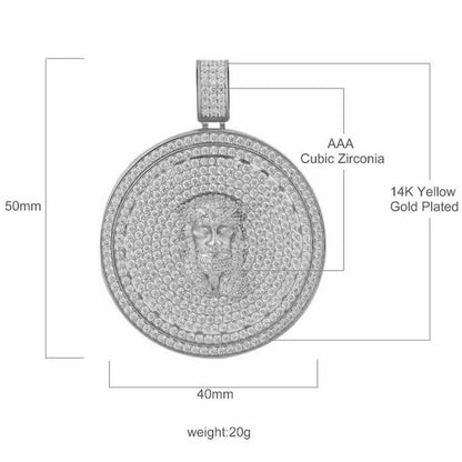 14K White Gold On Real Sterling Silver Simulated Diamonds Jesus Face Piece Spinner Charm Pendent Medallion 2.10''