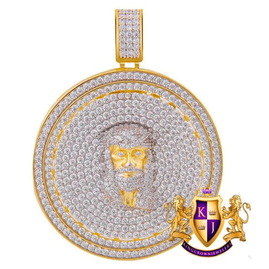 14K Yellow Gold On Real Sterling Silver Simulated Diamonds Jesus Face Piece Spinner Charm Pendent Medallion 2.10''