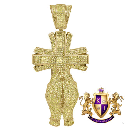 Yellow Canary Big XL 4.25'' Custom Piece 14K Gold Finish Simulated Diamond Praying Hand Jesus Cross Pendent Charm
