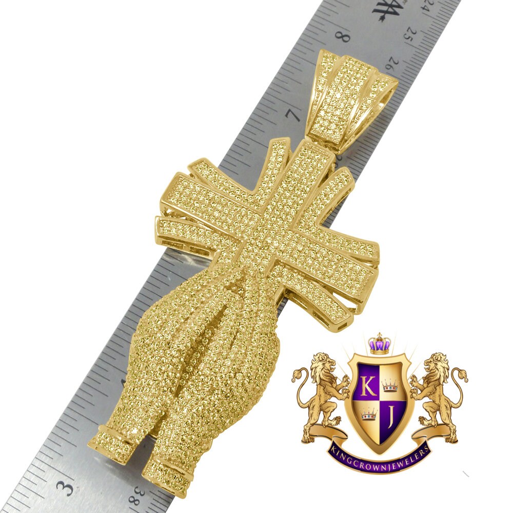 Yellow Canary Big XL 4.25'' Custom Piece 14K Gold Finish Simulated Diamond Praying Hand Jesus Cross Pendent Charm