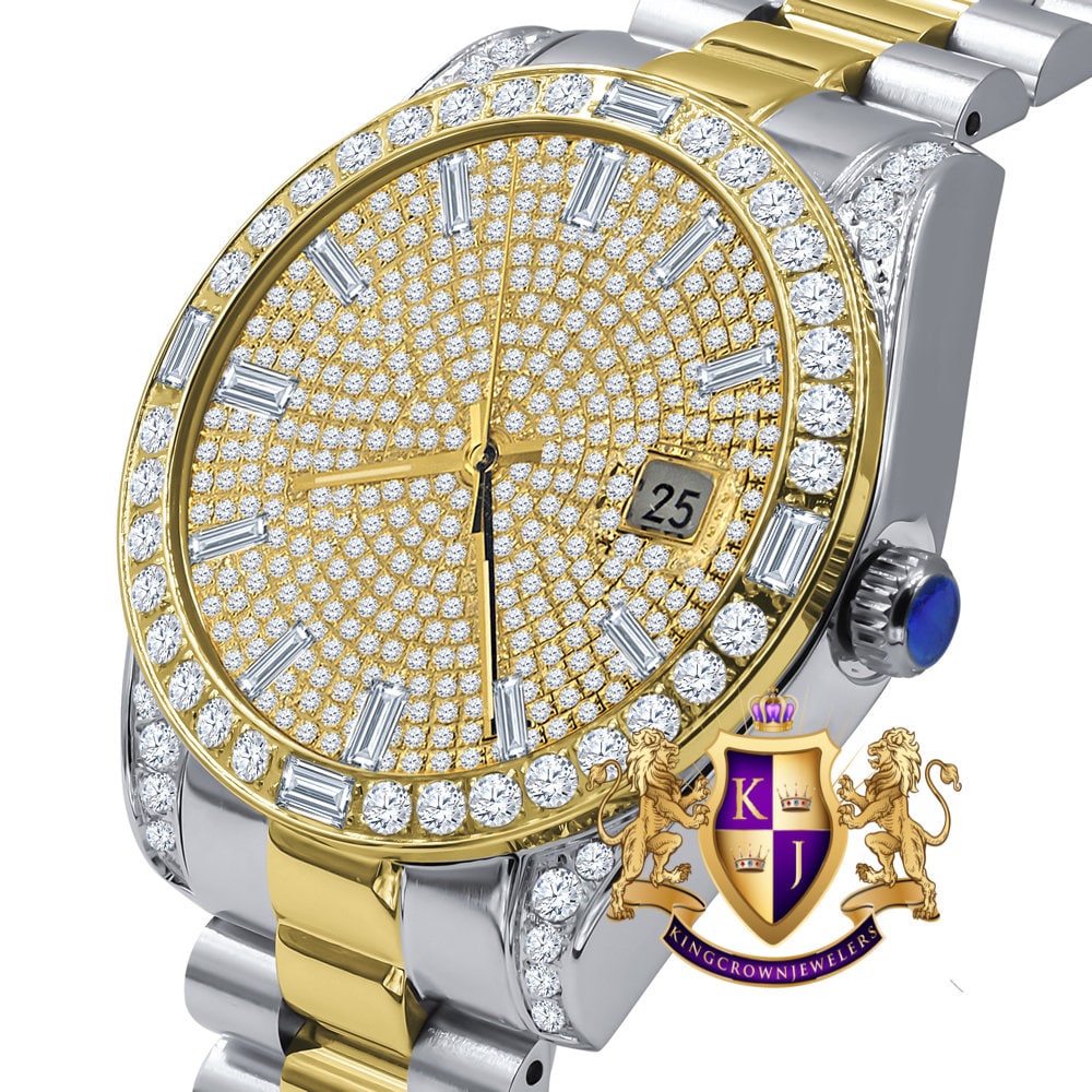 Mens Solid Stainless Steel 2 Tone 18K Gold Finish Simulated Diamond 40mm Presidential Watch W/Date Function