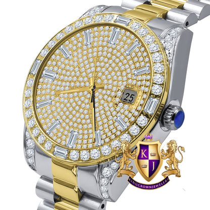 Mens Solid Stainless Steel 2 Tone 18K Gold Finish Simulated Diamond 40mm Presidential Watch W/Date Function