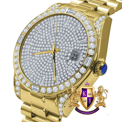 Mens Solid Stainless Steel 18K Yellow Gold Finish White Dial Simulated Diamond 40mm Presidential Watch W/Date Function
