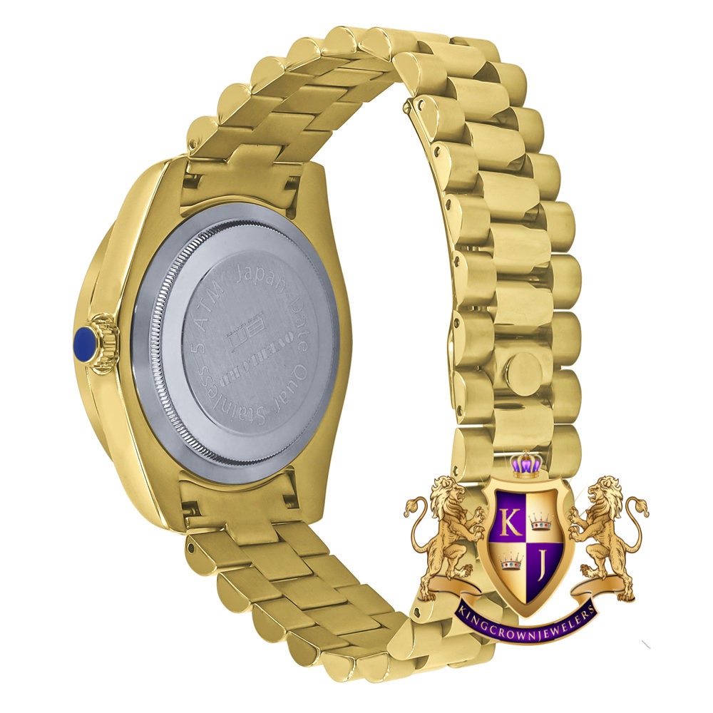 Mens Solid Stainless Steel 18K Yellow Gold Finish White Dial Simulated Diamond 40mm Presidential Watch W/Date Function