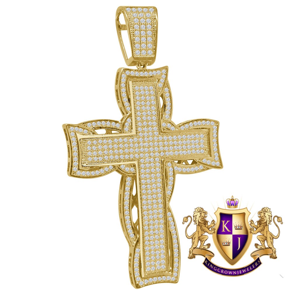 High Quality AAA+ Cubic Zirconia 14K Yellow Gold Finish Holy Jesus Cross Pendent Charm 3.25''