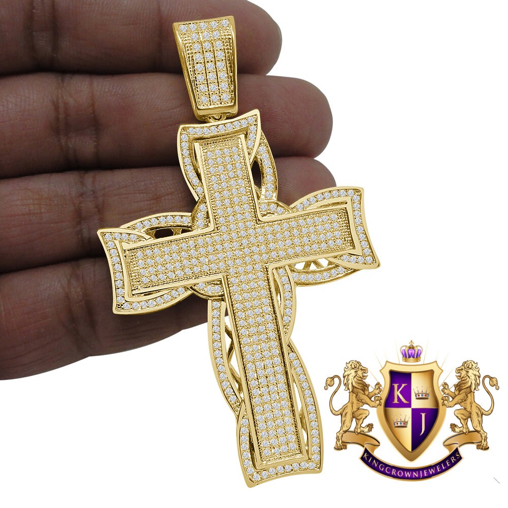 High Quality AAA+ Cubic Zirconia 14K Yellow Gold Finish Holy Jesus Cross Pendent Charm 3.25''