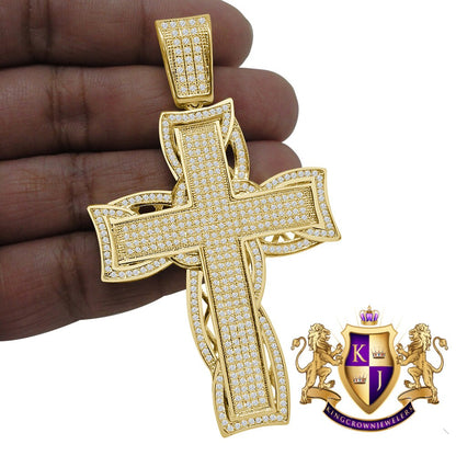 High Quality AAA+ Cubic Zirconia 14K Yellow Gold Finish Holy Jesus Cross Pendent Charm 3.25''