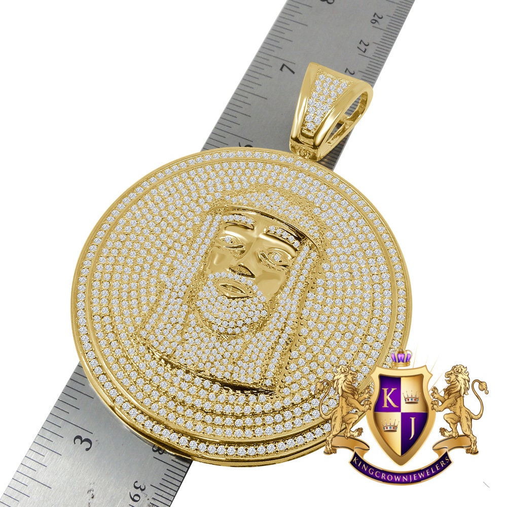 Jumbo Big 3.55'' 14K Yellow Gold Finish Simulated Diamond  Jesus Face Piece Pendent Charm Medallion