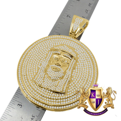 Jumbo Big 3.55'' 14K Yellow Gold Finish Simulated Diamond  Jesus Face Piece Pendent Charm Medallion