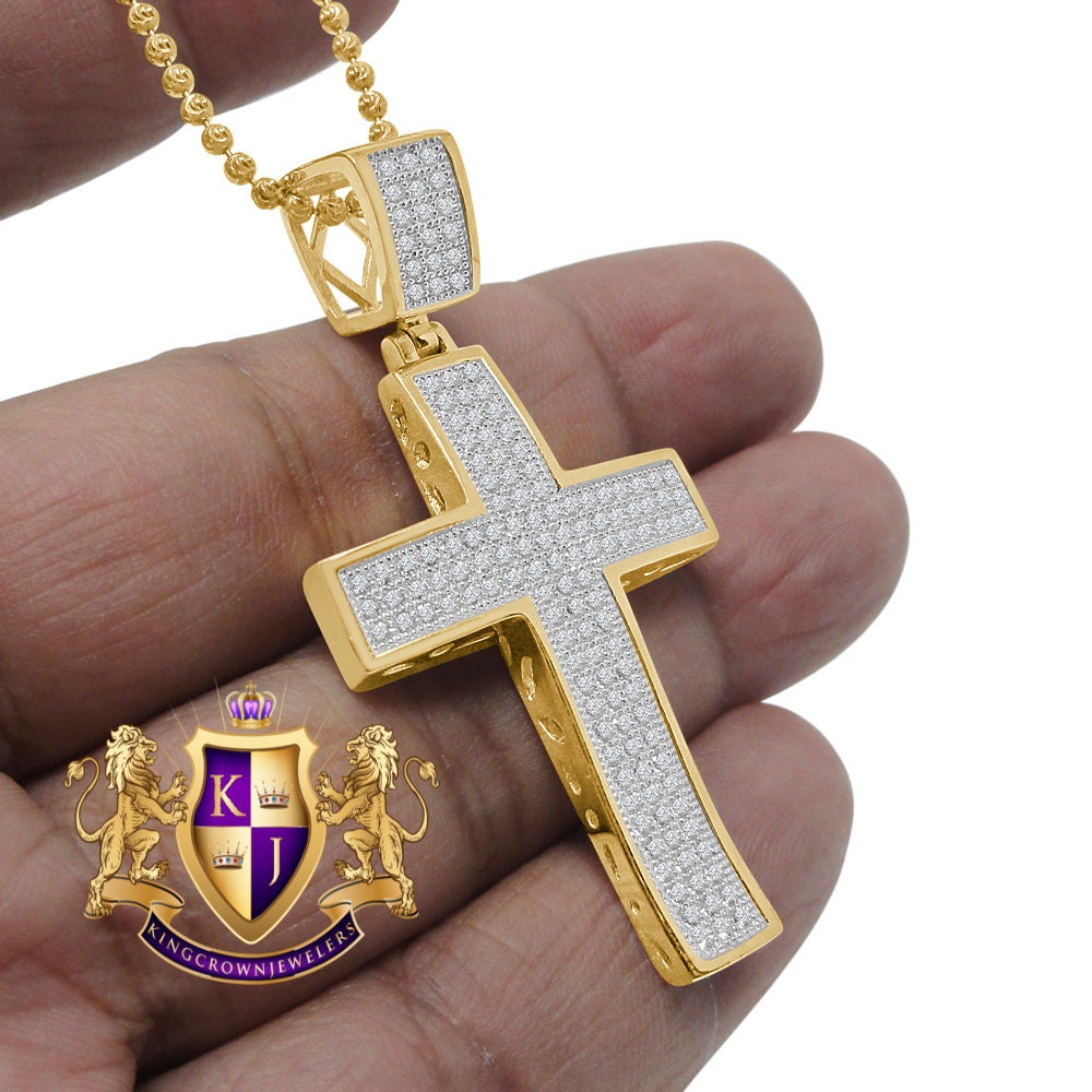 Real Genuine Yellow Gold Sterling Silver Simulated Diamond Jesus Cross Pendent Charm Chain 2.25''