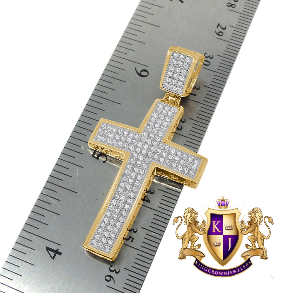 Real Genuine Yellow Gold Sterling Silver Simulated Diamond Jesus Cross Pendent Charm Chain 2.25''
