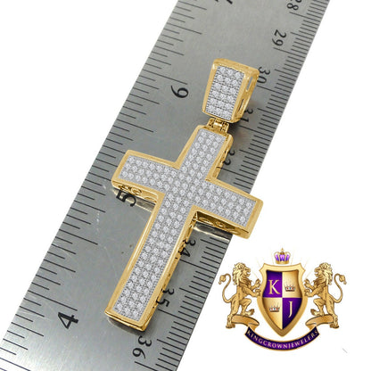 Real Genuine Yellow Gold Sterling Silver Simulated Diamond Jesus Cross Pendent Charm Chain 2.25''