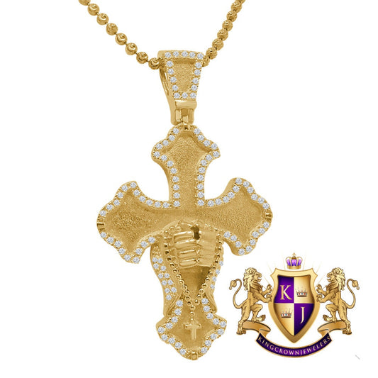 Real Sterling Silver Gold Tone Simulated Diamond Praying Hands Cross Charm Pendent Chain Set  2''