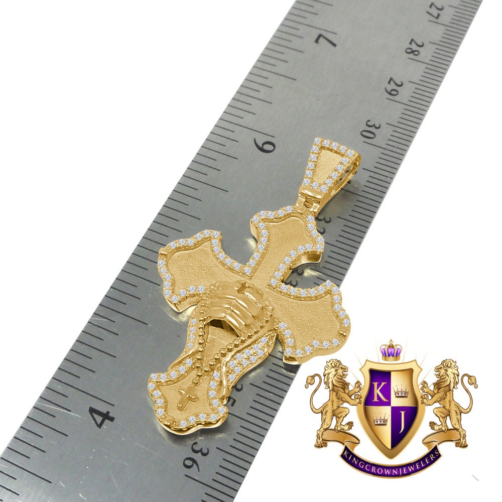 Real Sterling Silver Gold Tone Simulated Diamond Praying Hands Cross Charm Pendent Chain Set  2''