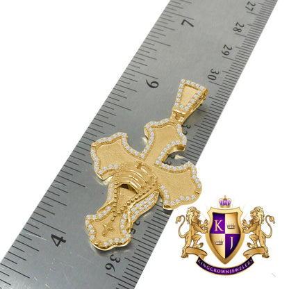 Real Sterling Silver Gold Tone Simulated Diamond Praying Hands Cross Charm Pendent Chain Set  2''