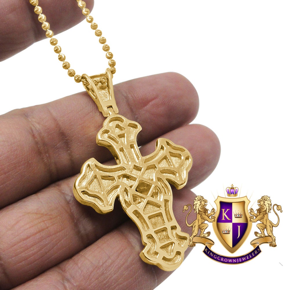Real Sterling Silver Gold Tone Simulated Diamond Praying Hands Cross Charm Pendent Chain Set  2''
