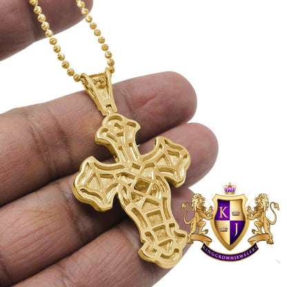 Real Sterling Silver Gold Tone Simulated Diamond Praying Hands Cross Charm Pendent Chain Set  2''
