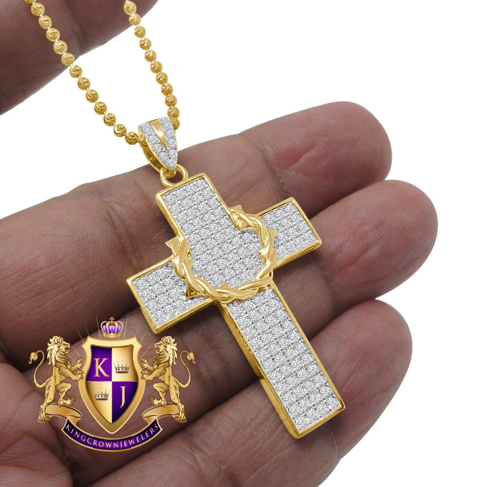 Genuine Sterling Silver Yellow Gold Tone Simulated Diamond Holy Cross Charm Pendent Chain Set  1.90''