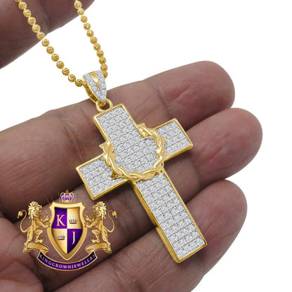Genuine Sterling Silver Yellow Gold Tone Simulated Diamond Holy Cross Charm Pendent Chain Set  1.90''