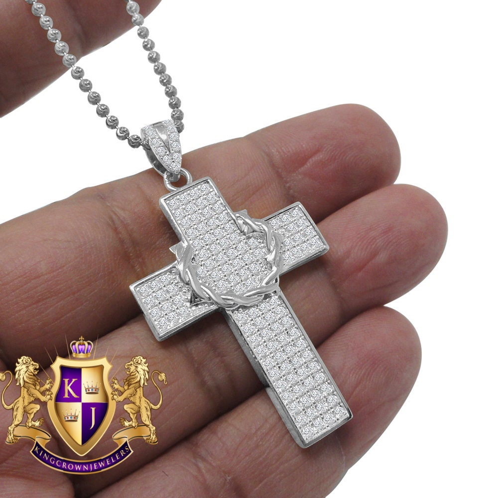 Genuine Sterling Silver White Gold Tone Simulated Diamond Holy Cross Charm Pendent Chain Set  1.90''