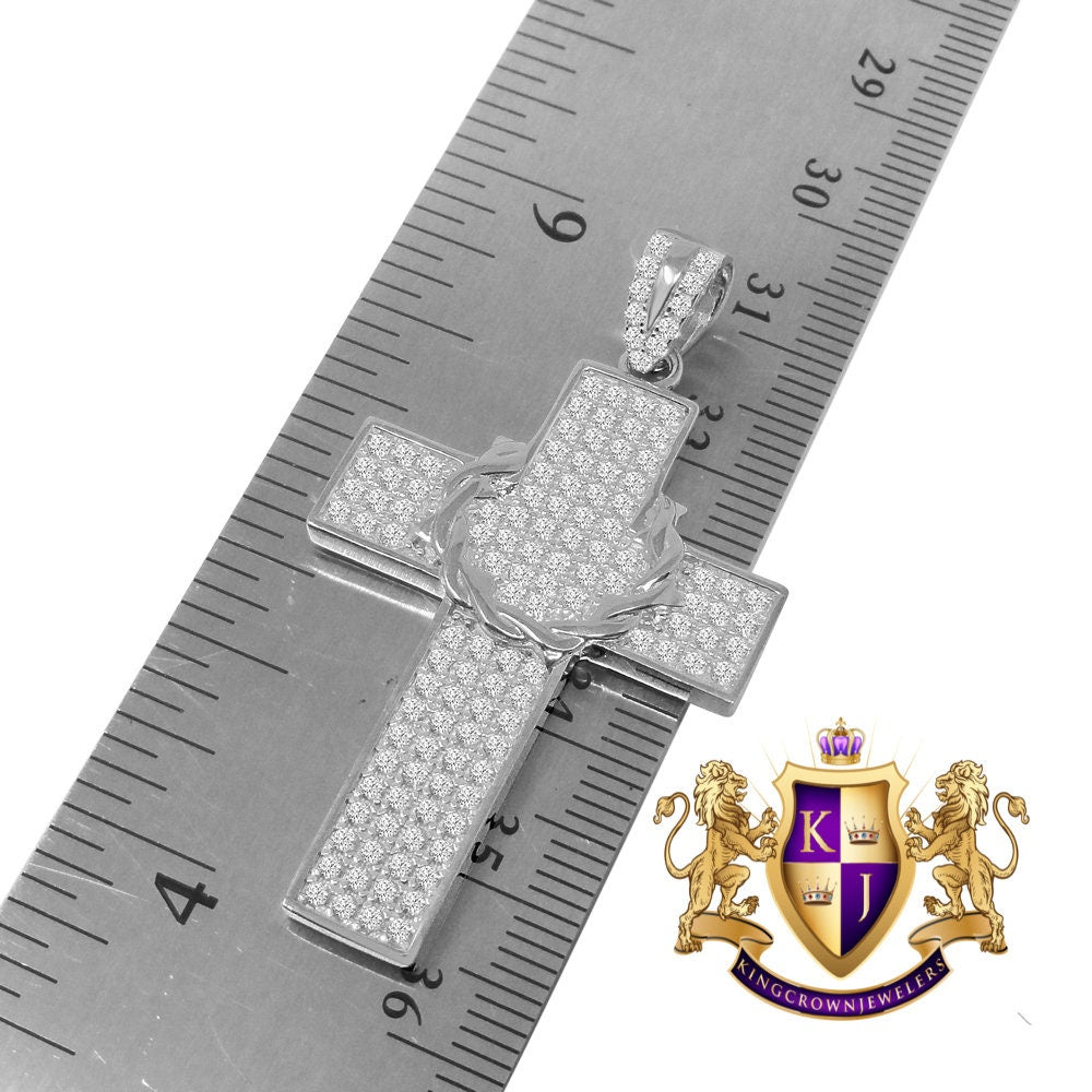 Genuine Sterling Silver White Gold Tone Simulated Diamond Holy Cross Charm Pendent Chain Set  1.90''