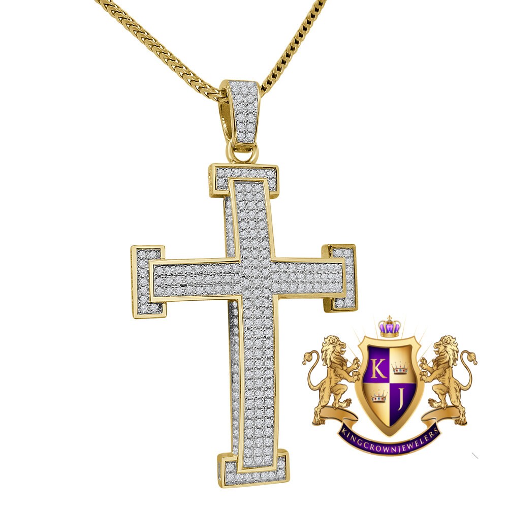 Pure Italian Sterling Silver Gold Finish Simulated Diamond Jesus Cross 3D Pendent Charm Chain Set 2.15''