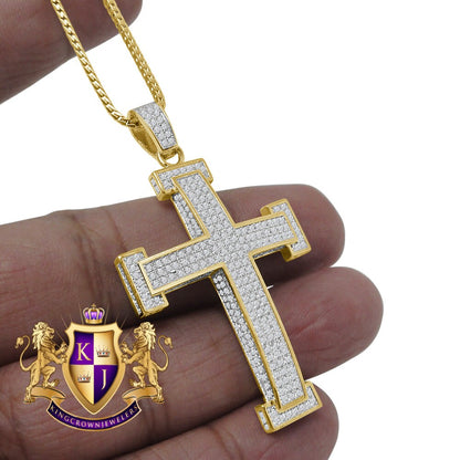 Pure Italian Sterling Silver Gold Finish Simulated Diamond Jesus Cross 3D Pendent Charm Chain Set 2.15''