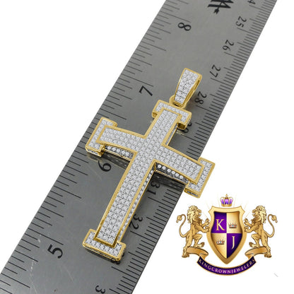 Pure Italian Sterling Silver Gold Finish Simulated Diamond Jesus Cross 3D Pendent Charm Chain Set 2.15''