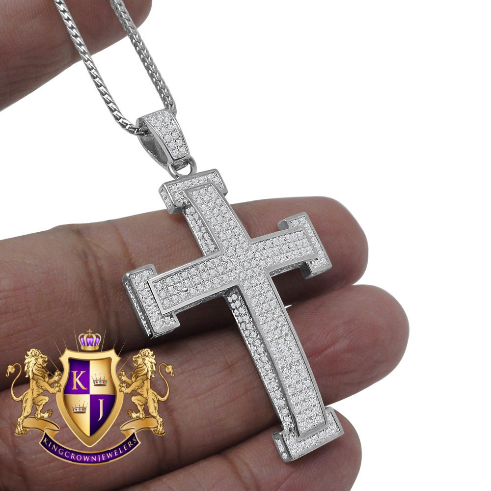 Pure Italian Sterling Silver White Gold Finish Simulated Diamond Jesus Cross 3D Pendent Charm Chain Set 2.15''