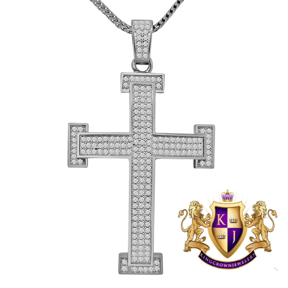 Pure Italian Sterling Silver White Gold Finish Simulated Diamond Jesus Cross 3D Pendent Charm Chain Set 2.15''