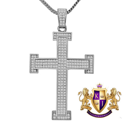 Pure Italian Sterling Silver White Gold Finish Simulated Diamond Jesus Cross 3D Pendent Charm Chain Set 2.15''