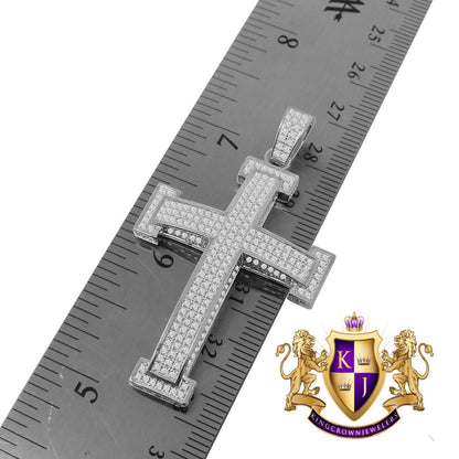 Pure Italian Sterling Silver White Gold Finish Simulated Diamond Jesus Cross 3D Pendent Charm Chain Set 2.15''