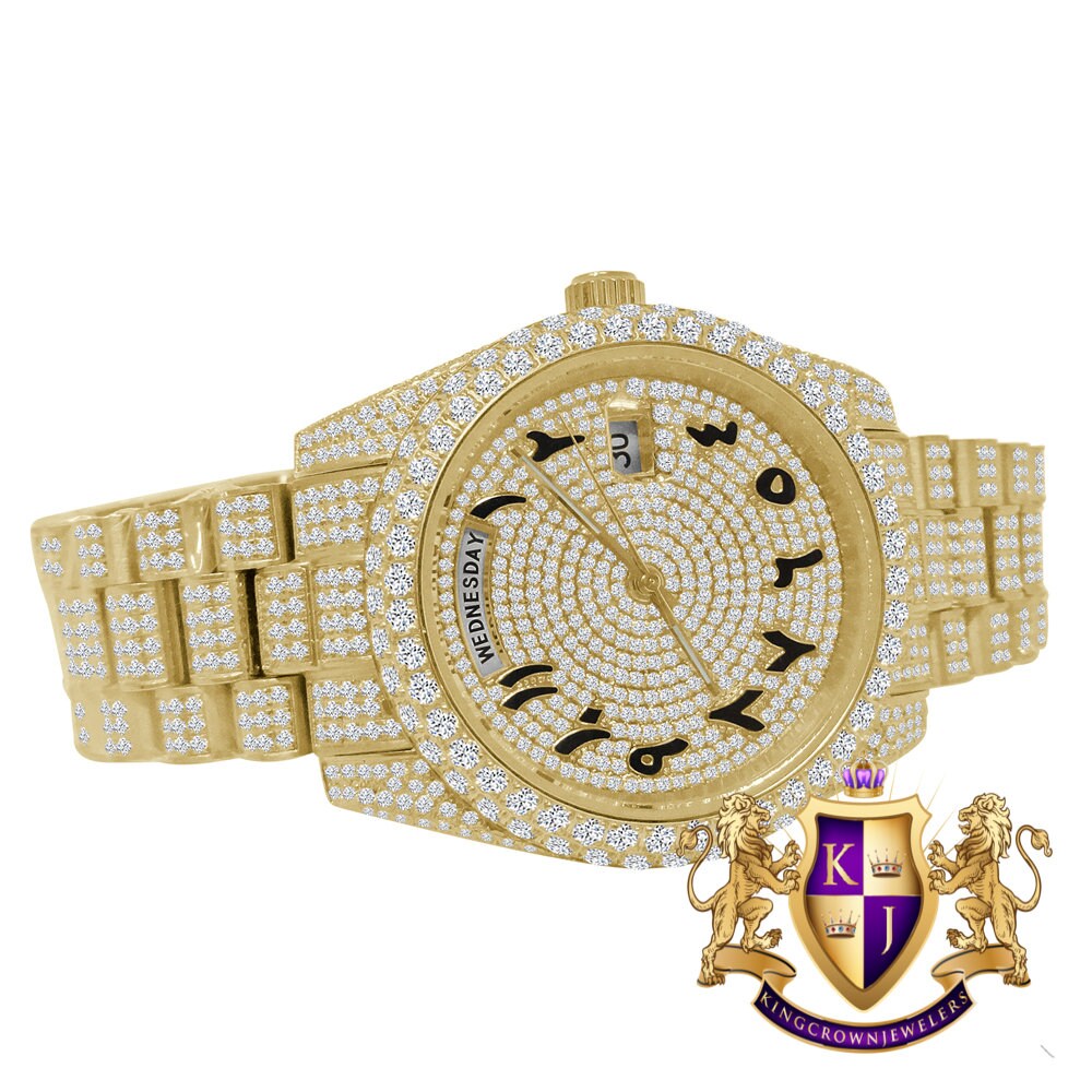 Solid Stainless Steel Arabic Dial 18K Yellow Gold Finish Simulated Diamond Luxury Watch 41mm