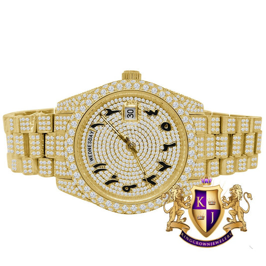 Solid Stainless Steel Arabic Dial 18K Yellow Gold Finish Simulated Diamond Luxury Watch 41mm