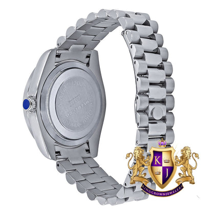 Mens Solid Stainless Steel 18K White Gold Finish White Dial Simulated Diamond 40mm Presidential Watch W/Date Function