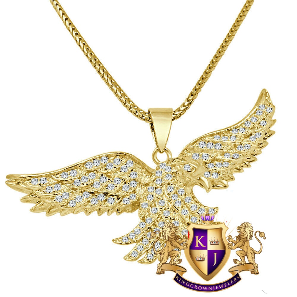 Mens 14K Yellow Gold On Real Sterling Silver Lab Diamond Eagle Bird Pave Charm Pendent + Chain