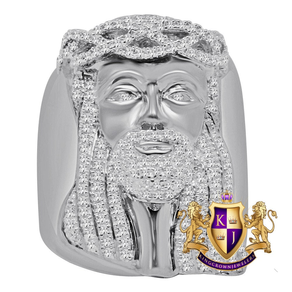 Mens Big Bold Real Genuine White Gold On Sterling Silver Simulated Diamond Jesus Face Ring Band Adjustable Size ( 10 Up To 12 )
