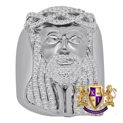 Mens Big Bold Real Genuine White Gold On Sterling Silver Simulated Diamond Jesus Face Ring Band Adjustable Size ( 10 Up To 12 )