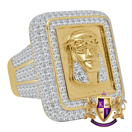 XL Big Pure Italian Yellow Gold Sterling Silver Holy Jesus Face Frame Simulated Diamond Mens Ring Band