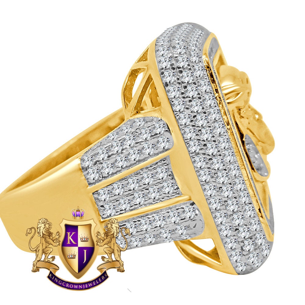 XL Big Pure Italian Yellow Gold Sterling Silver Holy Jesus Face Frame Simulated Diamond Mens Ring Band