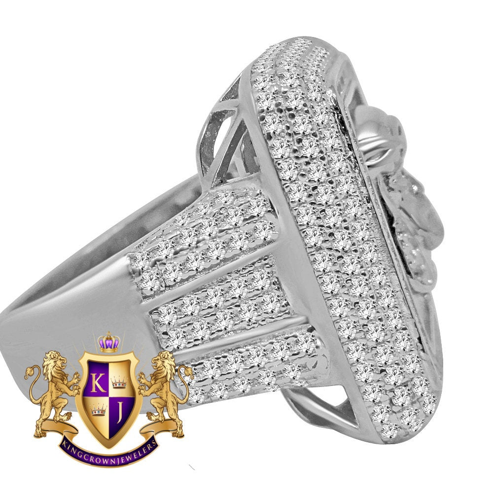 XL Big Pure Italian Sterling Silver White Gold Tone Holy Jesus Face Frame Simulated Diamond Mens Ring Band