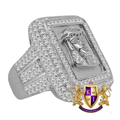 XL Big Pure Italian Sterling Silver White Gold Tone Holy Jesus Face Frame Simulated Diamond Mens Ring Band