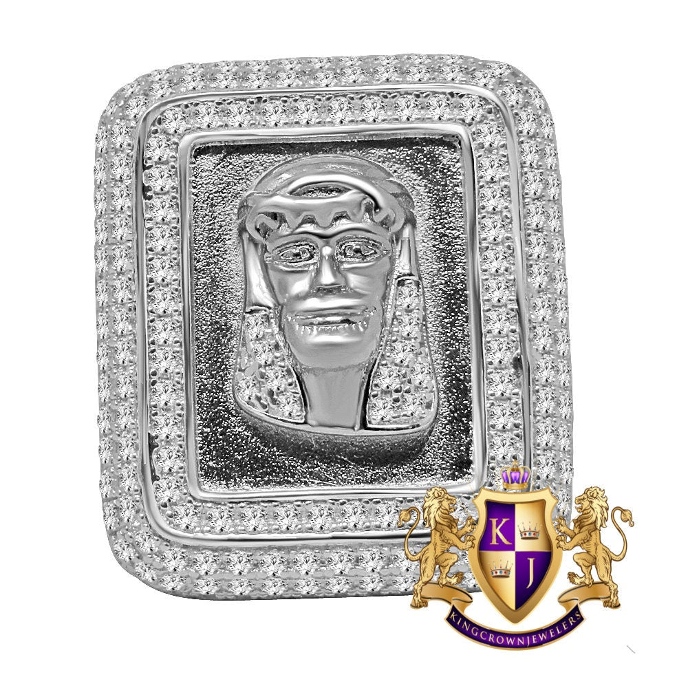 XL Big Pure Italian Sterling Silver White Gold Tone Holy Jesus Face Frame Simulated Diamond Mens Ring Band
